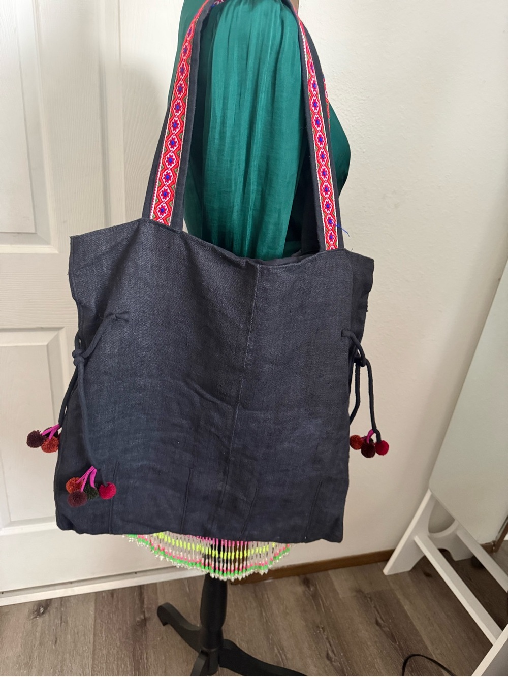 Vintage Handmade Hmong Beaded Fringe Tote Bag Embroidered Boho Ethnic Large - Picture 3 of 8